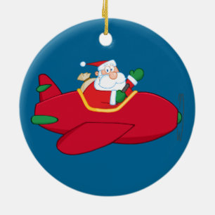Santa-Claus-Flying-A-Plane-And-Waving Ceramic Ornament