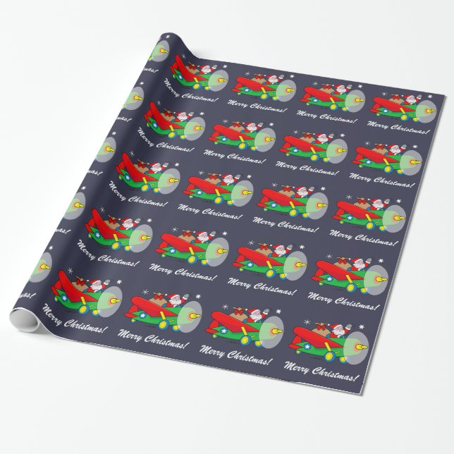 Santa Claus Flying an Airplane filled with Gifts Wrapping Paper (Unrolled)