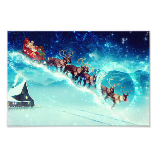 Santa Claus Flying with Reindeer Photo Print