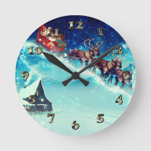 Santa Claus Flying with Reindeer Round Clock