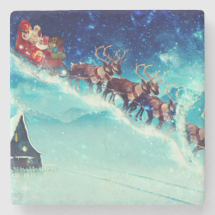 Santa Claus Flying with Reindeer Stone Coaster