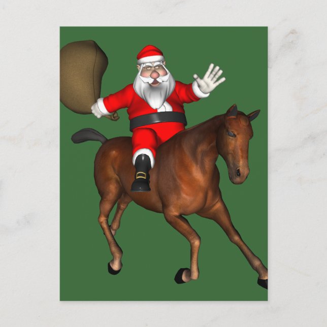 Santa Claus Freehand Riding A Mustang Holiday Postcard (Front)