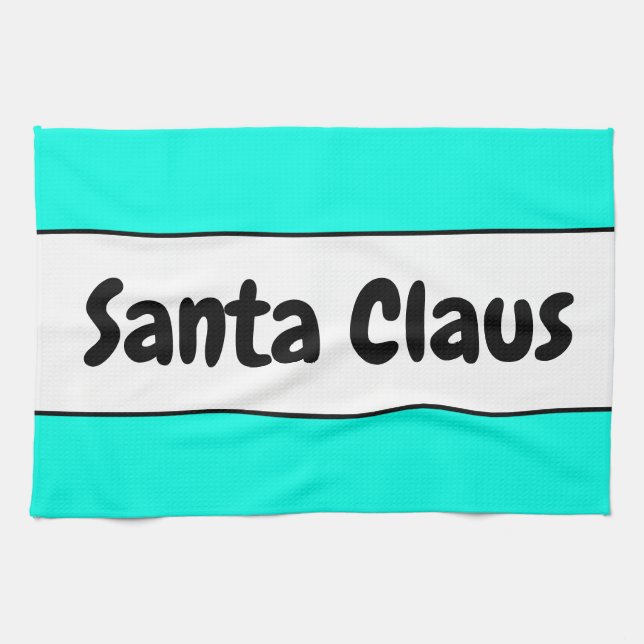 SANTA CLAUS Fun Festive Bright Mint White Stripes Kitchen Towel (Horizontal)