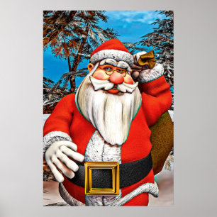 Santa Claus Gift Sack Snowy Forest Art Poster