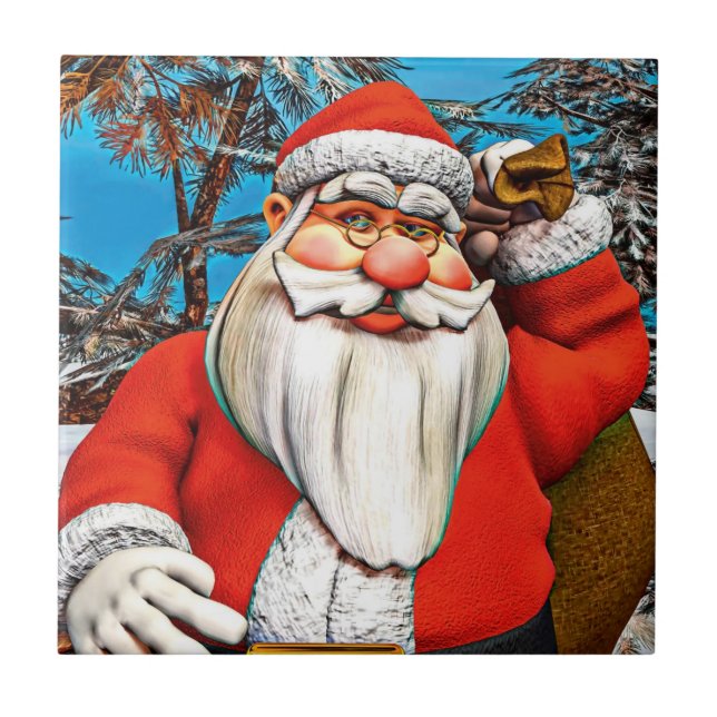 Santa Claus Gift Sack Snowy Forest Art Tile (Front)