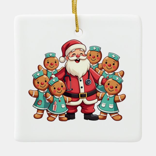 Santa Claus Gingerbread Nursing Squad Ceramic Ornament (Front)