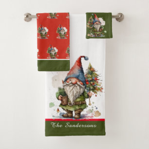 Santa Claus Gnome Christmas Red Green White        Bath Towel Set