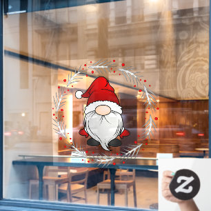 Santa Claus Gnome With Holly Wreath Business Window Cling
