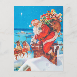 Santa Claus Going Down the Chimney Holiday Postcard