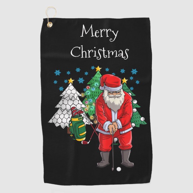 Santa Claus golfer with Christmas tree for Golfer Golf Towel (Front)