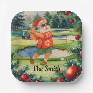Santa Claus golfing in golf course Christmas party Paper Plate