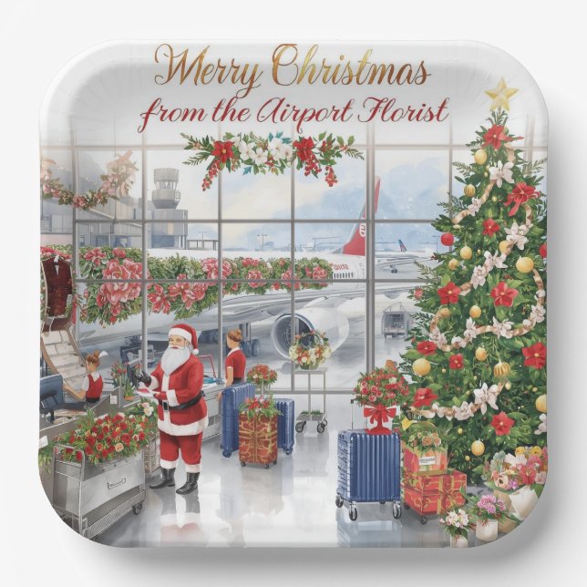 Santa Claus greeting from airport  Paper Plate (Front)