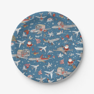 Santa Claus greeting from airport sky Christmas Paper Plate