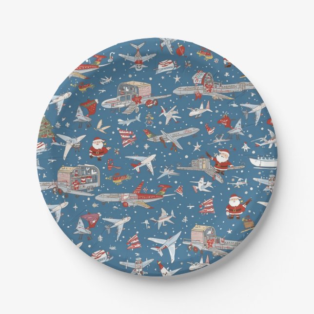 Santa Claus greeting from airport sky Christmas Paper Plate (Front)