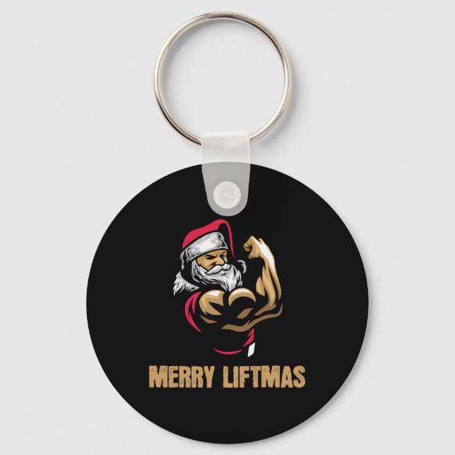 Santa Claus Gym Bodybuilding Fitness Merry Liftmas Keychain (Front)