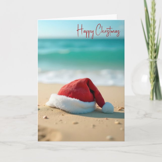 Santa Claus Hat On a Tropical Beach Holiday Card (Front)