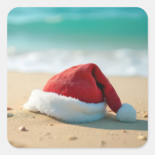 Santa Claus Hat On a Tropical Beach Square Sticker