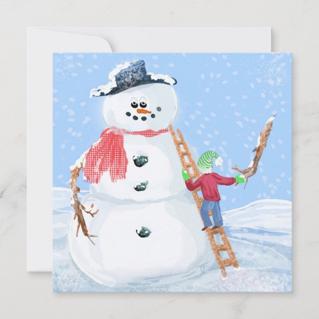 Santa Claus Helper Building A Silly Snowman Card (Front)