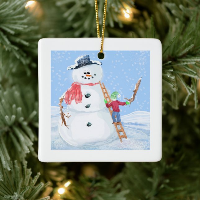 Santa Claus Helper Building A Silly Snowman  Ceramic Ornament (Tree)
