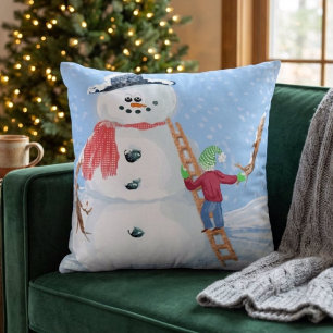 Santa Claus Helper Building A Silly Snowman Throw Pillow
