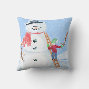 Santa Claus Helper Building A Silly Snowman Throw Pillow