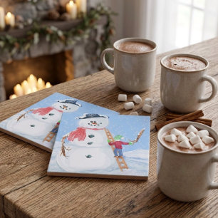 Santa Claus Helper Building A Silly Snowman Tile