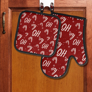 Santa Claus Ho Ho Ho Christmas Snowflake Dark Red Oven Mitt & Pot Holder Set