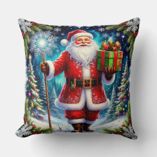 Santa Claus Holding a Gift Amid Scenic Winter Throw Pillow