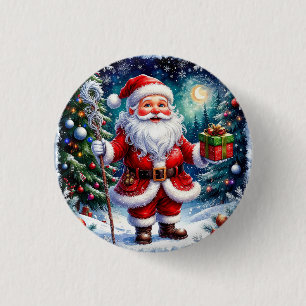 Santa Claus Holding a Gift in a Magical Christmas 1 Inch Round Button