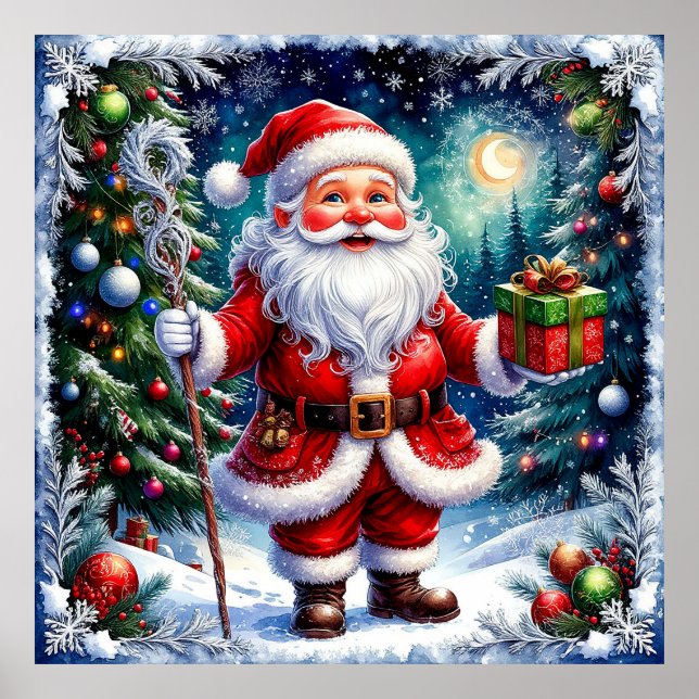 Santa Claus Holding a Gift in a Magical Christmas Poster (Front)