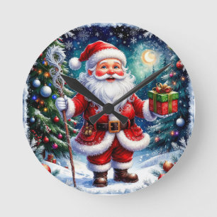 Santa Claus Holding a Gift in a Magical Christmas Round Clock