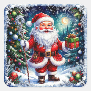 Santa Claus Holding a Gift in a Magical Christmas Square Sticker