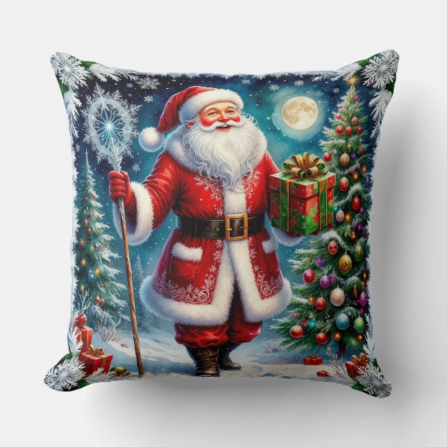 Santa Claus Holding a Gift in a Magical Christmas Throw Pillow (Front)