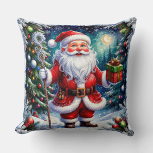 Santa Claus Holding a Gift in a Magical Christmas Throw Pillow