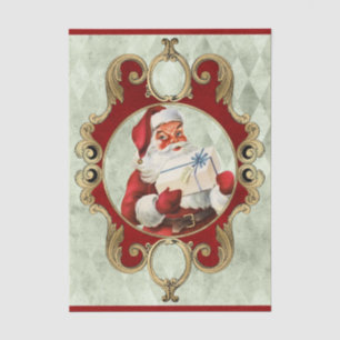 Santa Claus Holding a Present in a Vintage Frame   Tissue Paper