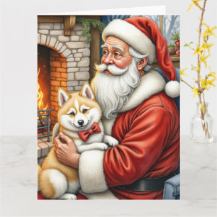 Santa Claus Holding American Eskimo Christmas Art Card