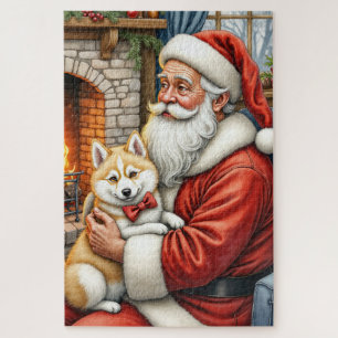 Santa Claus Holding American Eskimo Christmas Art Jigsaw Puzzle