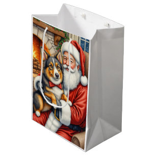 Santa Claus Holding Australian Shepherd Christmas Medium Gift Bag
