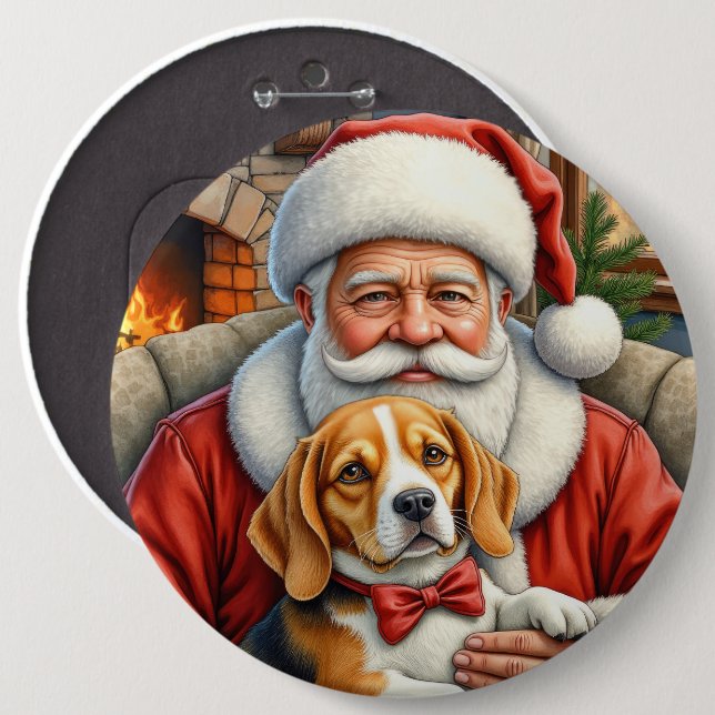 Santa Claus Holding Beagle Christmas Art 6 Inch Round Button (Front & Back)