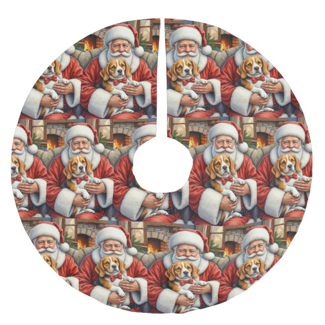 Santa Claus Holding Beagle Christmas Art Brushed Polyester Tree Skirt (Front)