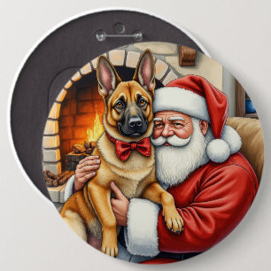 Santa Claus Holding Belgian Malinois Christmas Art 6 Inch Round Button