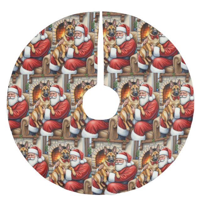 Santa Claus Holding Belgian Malinois Christmas Art Brushed Polyester Tree Skirt (Front)