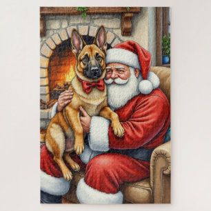 Santa Claus Holding Belgian Malinois Christmas Art Jigsaw Puzzle