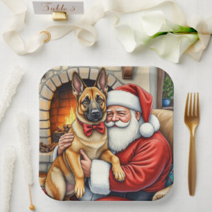 Santa Claus Holding Belgian Malinois Christmas Art Paper Plate