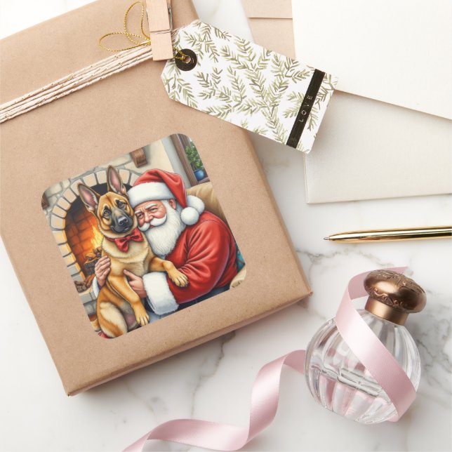 Santa Claus Holding Belgian Malinois Christmas Art Square Sticker (Gifting)