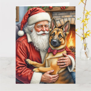 Santa Claus Holding Belgian Shepherd Christmas Art Card