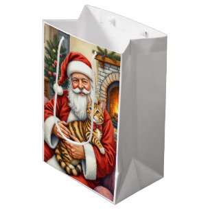 Santa Claus Holding Bengal Cat Christmas Art Medium Gift Bag