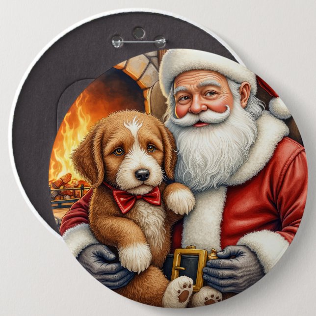 Santa Claus Holding Bernedoodle Christmas Art 6 Inch Round Button (Front & Back)