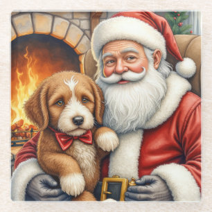 Santa Claus Holding Bernedoodle Christmas Art Glass Coaster