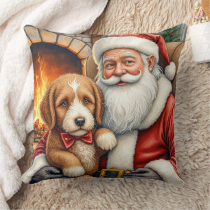 Santa Claus Holding Bernedoodle Christmas Art Throw Pillow